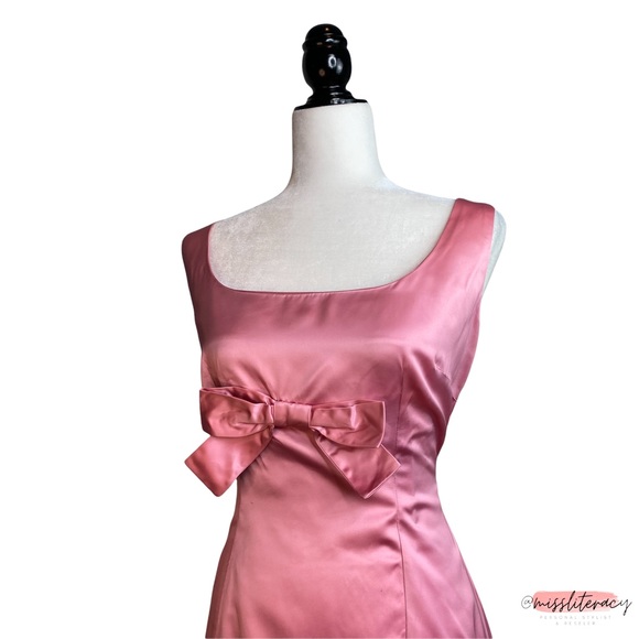 Vintage 1960’s Handsewn Homemade Pink Plunge Satin Sleeveless Midi Dress [Sz 12] - Picture 7 of 16